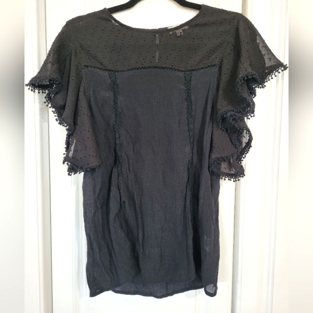 Umgee Black Ruffle Sleeve Blouse, Size Small, Feminine